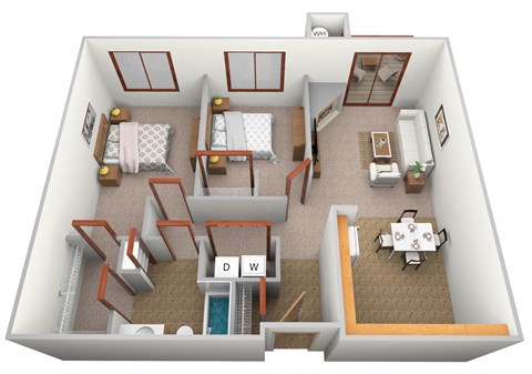 Floor plan for 2 beds, 1 bath, 981 sqft